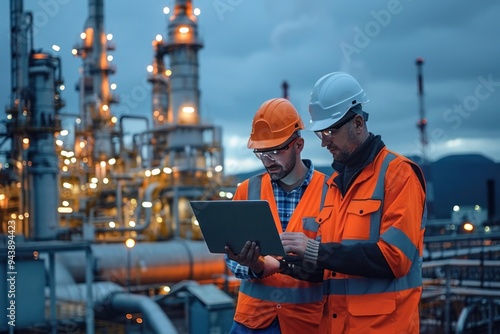 Two men in orange safety vests are looking at a laptop computer