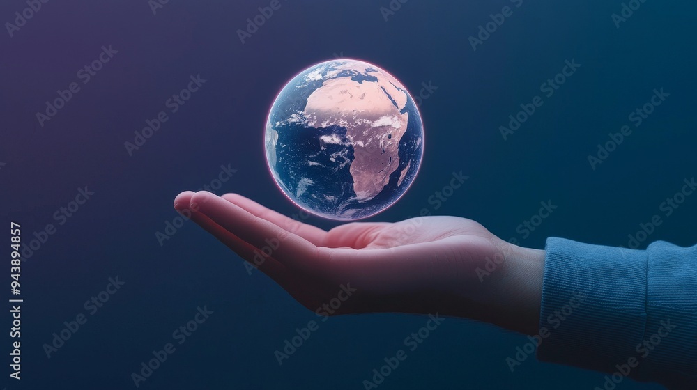 Glowing hologram of the Earth floating above an open hand, with a dark blue and purple background adding depth and mystery Glowing hologram of the Earth floating above an open hand, with a dark blue and purple background adding depth and mystery