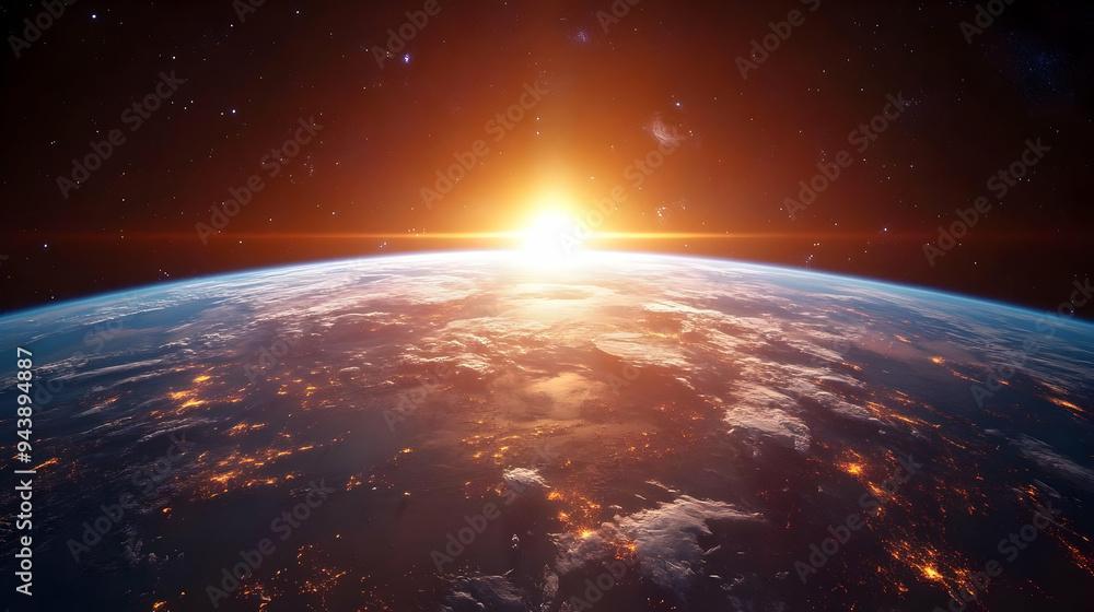 Earthrise over a bright horizon with a scattering of stars. Earthrise over a bright horizon with a scattering of stars.