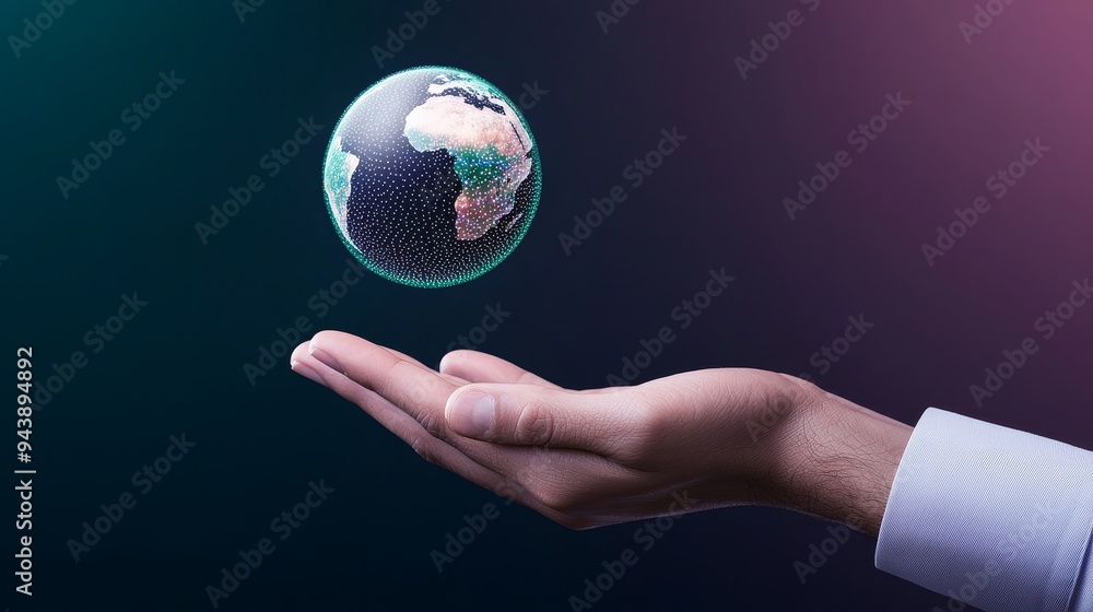 Glowing hologram of the Earth floating above an open hand, with a dark blue and purple background adding depth and mystery Glowing hologram of the Earth floating above an open hand, with a dark blue and purple background adding depth and mystery