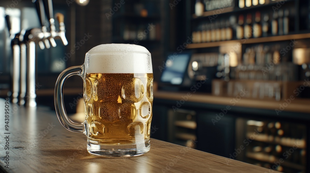 A bartender pours a fresh light lager into a glass mug at a bar, emphasizing the detailed foam and bubbles against a stylish counter and background A bartender pours a fresh light lager into a glass mug at a bar, emphasizing the detailed foam and bubbles against a stylish counter and background