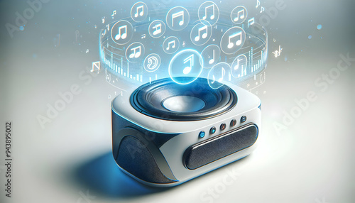 3D Bluetooth speaker with holographic music controls hovering concept as A Bluetooth speaker is centered on a white surface with holographic music control icons floating just above. The scene is captu photo