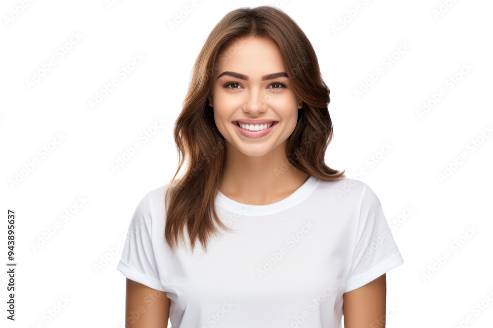 Fototapeta premium a young woman with a smile wearing a casual t-shirt isolated on white background