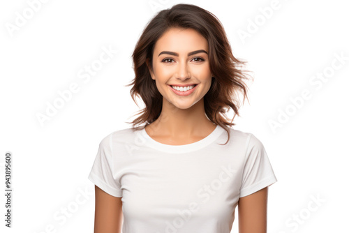 a young woman with a smile wearing a casual t-shirt isolated on white background