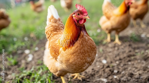 Chickens wandering in a freerange pasture