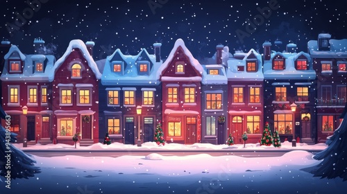 Snow-covered festive street with charming buildings and holiday decorations at night