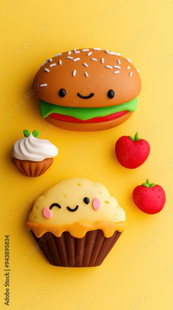 A cheerful assortment of food icons showcases a happy burger, cupcake, and fresh strawberries, adding a fun touch to creative projects A cheerful assortment of food icons showcases a happy burger, cupcake, and fresh strawberries, adding a fun touch to creative projects
