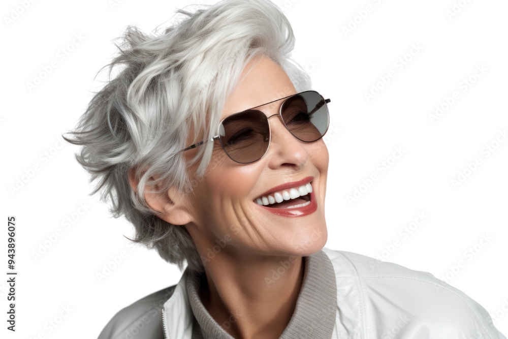 Fototapeta premium Close-up portrait of middle-aged woman with warm smile isolated on white background.
