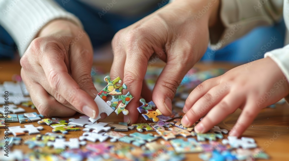 A caregiver helping a child with a puzzle, showing patience A caregiver helping a child with a puzzle, showing patience