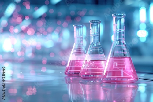 Three pink beakers are lined up on a table