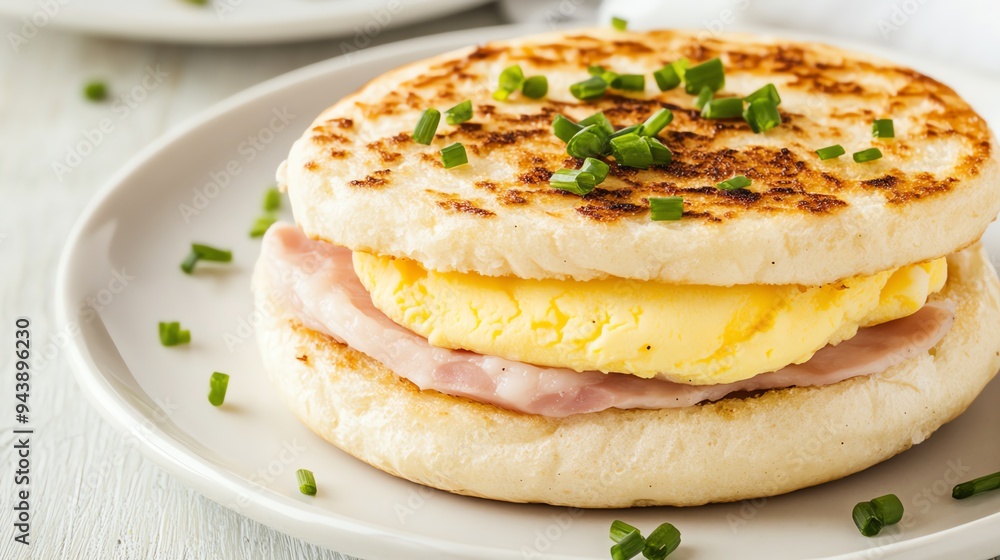 Eggs and ham on a toasted English muffin Eggs and ham on a toasted English muffin