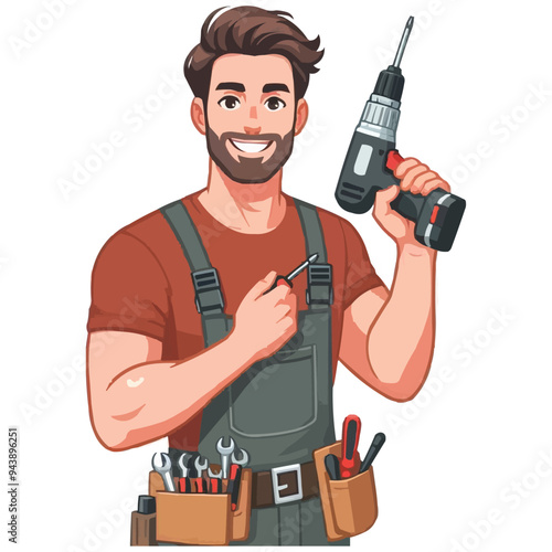 Repairman holding electric screwdriver and smile vector illustration