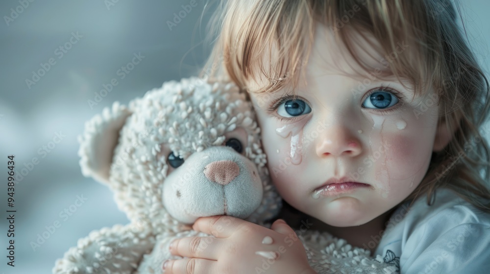 A sad child holding a stuffed animal, with tears in their eyes A sad child holding a stuffed animal, with tears in their eyes