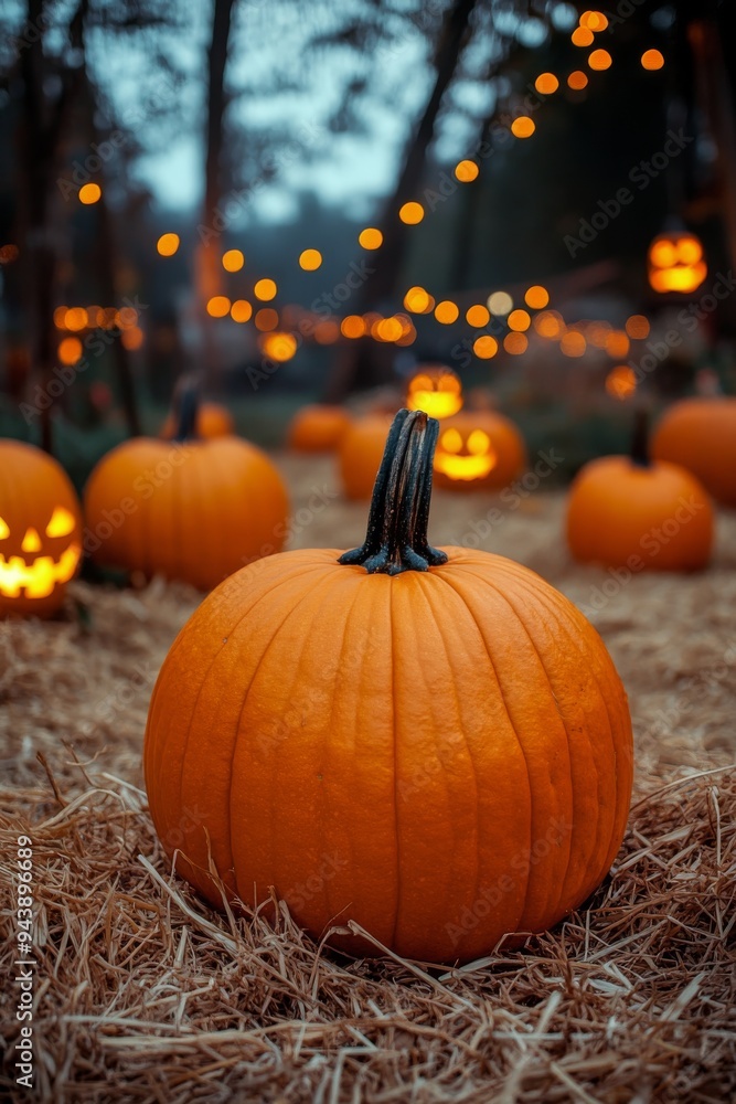 Three vibrant pumpkins resting on straw in a rustic autumn landscape under a clear blue sky Three vibrant pumpkins resting on straw in a rustic autumn landscape under a clear blue sky
