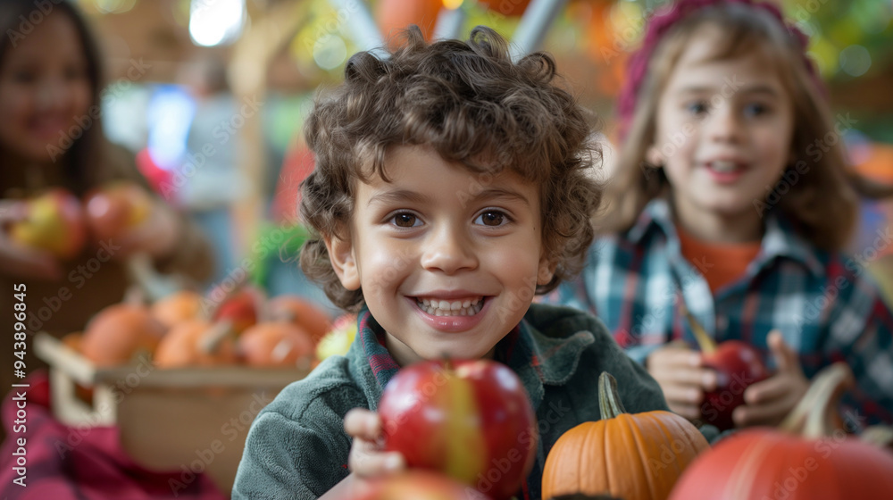 Fototapeta premium Kids with a Harvest Festival: Kids enjoying a school harvest festival, with games, pumpkin painting, and fall treats like caramel apples, with copy space