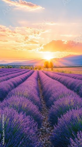 Lavender field summer sunset view near Valensole.Provence, France