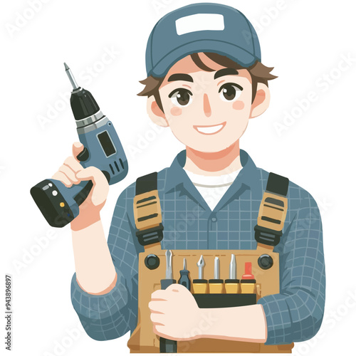 Repairman holding electric screwdriver and smile vector illustration