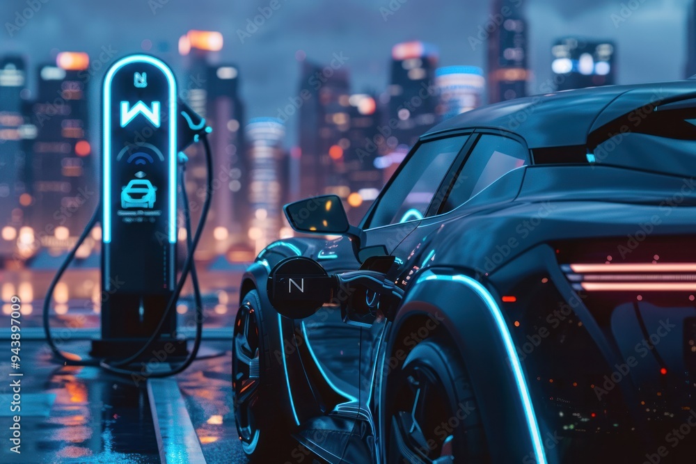 A black car is parked next to a charging station