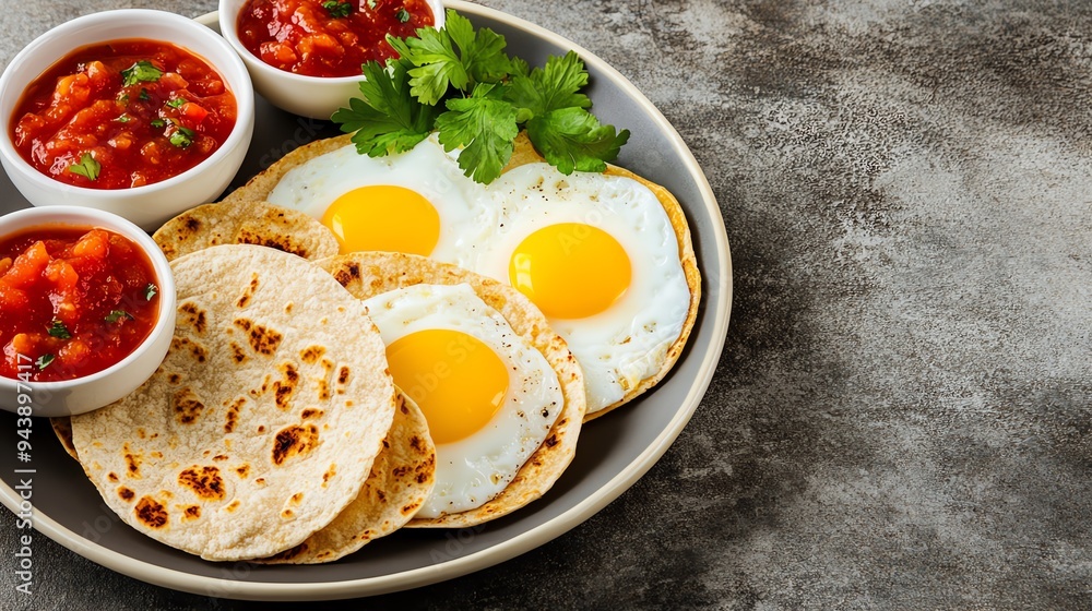 Huevos rancheros with eggs, salsa, and tortillas Huevos rancheros with eggs, salsa, and tortillas
