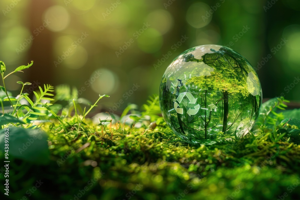 A clear glass ball with a green forest inside it A clear glass ball with a green forest inside it