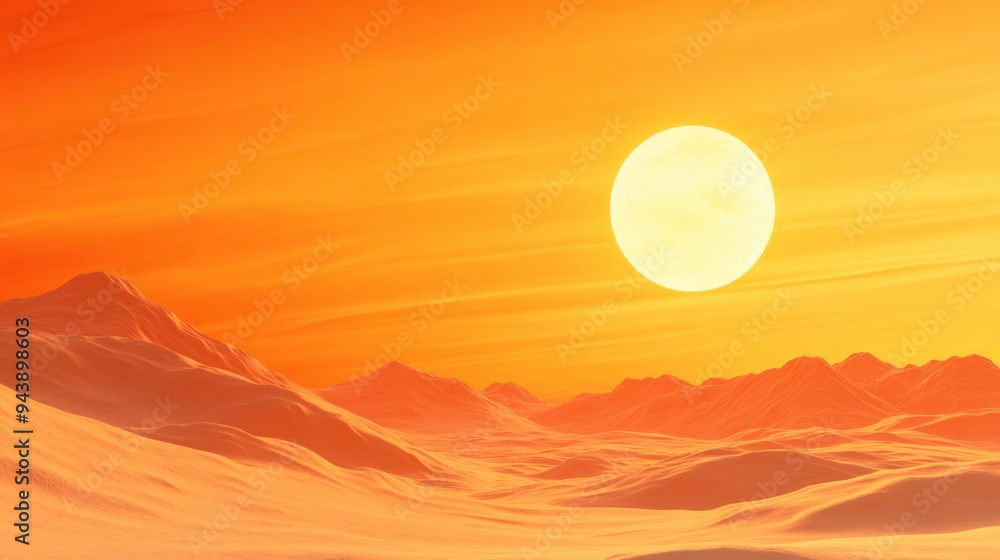 Obraz premium Vibrant sunset over a surreal landscape with soft, rolling hills and a large sun casting warm orange hues across the scene