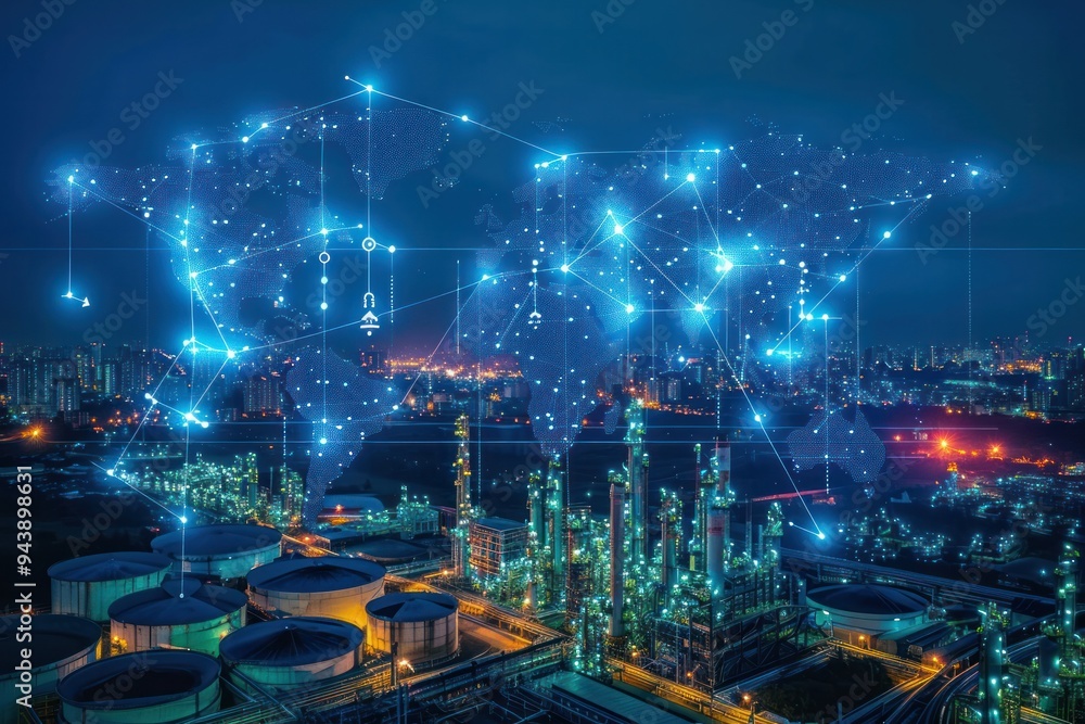 Obraz premium A city skyline with a network of lights and dots that represent the city