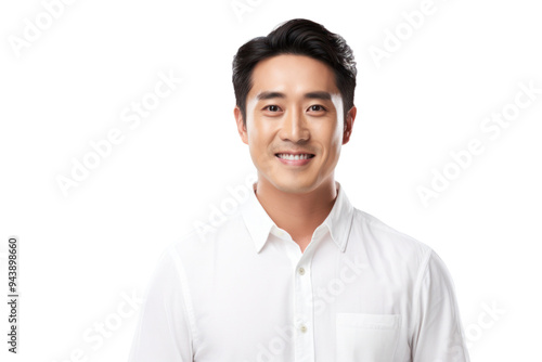 Cheerful, handsome, positive Chinese man with a genuine smile, isolated on a white background.