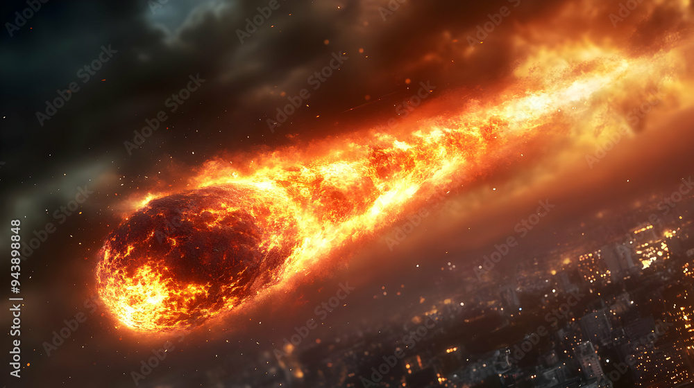 Fiery meteor streaks across the sky, threatening a city below. Fiery meteor streaks across the sky, threatening a city below.