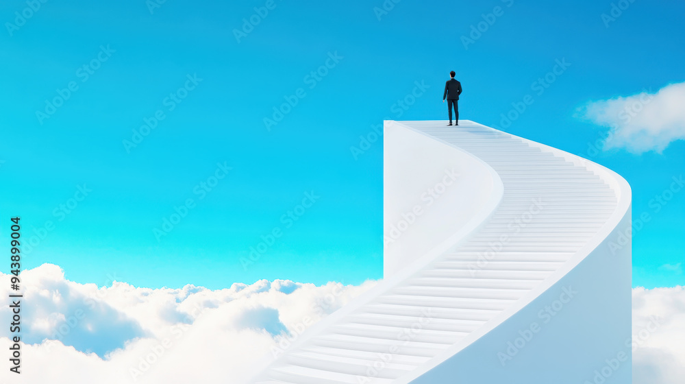 Person in business attire standing at the top of a curved white staircase leading into bright blue skies and clouds Person in business attire standing at the top of a curved white staircase leading into bright blue skies and clouds