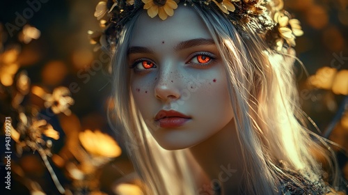 Beautiful face of elf girl princess with red eyes with beautiful flowers in the forest wallpaper AI generated image