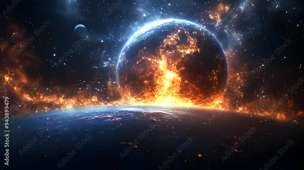 Fiery planet with a glowing blue rim surrounded by stars and nebulae. Fiery planet with a glowing blue rim surrounded by stars and nebulae.