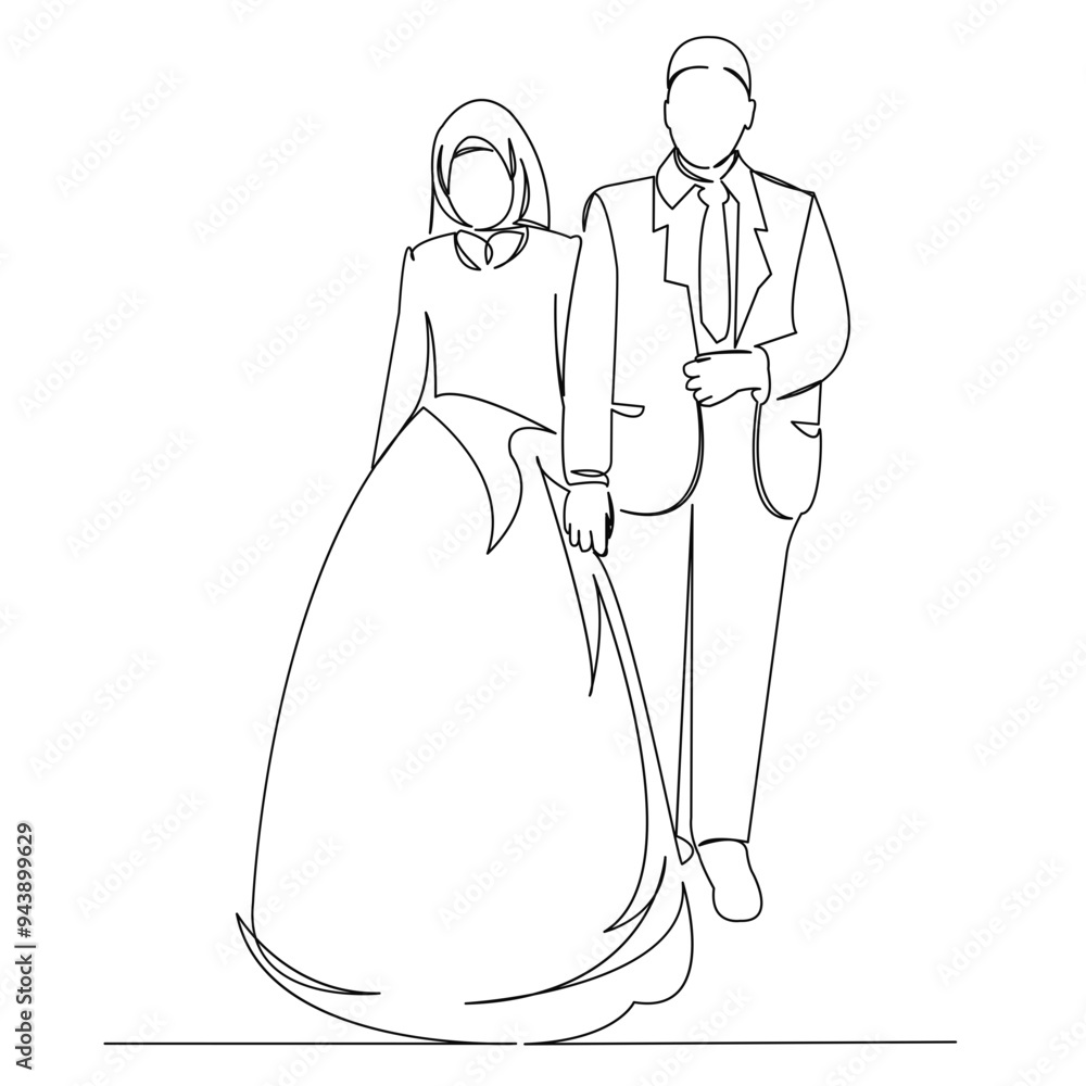 One continuous single drawing line art doodle wedding, muslim, couple, love, bridel. Isolated image hand draw contour on a white background One continuous single drawing line art doodle wedding, muslim, couple, love, bridel. Isolated image hand draw contour on a white background