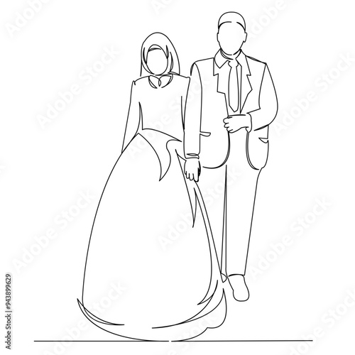 One continuous single drawing line art doodle wedding, muslim, couple, love, bridel. Isolated image hand draw contour on a white background