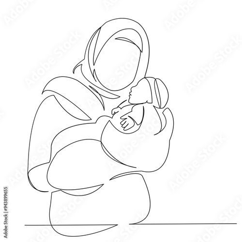 One continuous single drawing line art doodle parent, muslim, people, mother, islam, newbornl. Isolated image hand draw contour on a white background