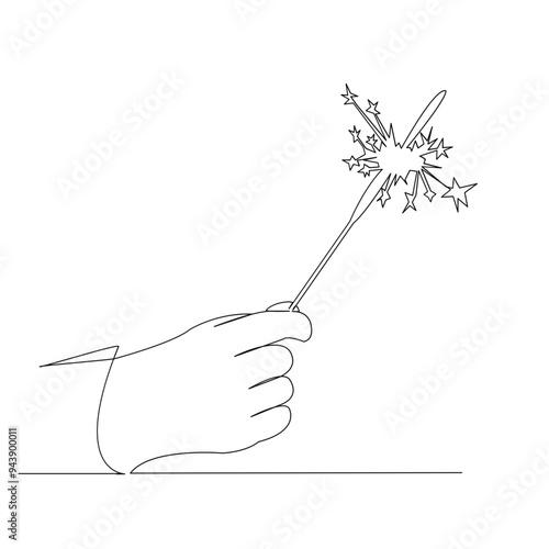 One continuous single drawn line art doodle line, sparkler, firework, hand, celebration, fire. isolated image hand-drawn contour on a white background