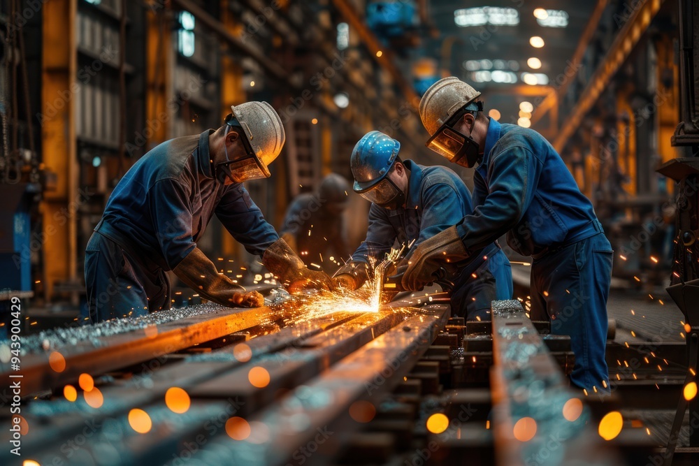 Three men in blue work clothes are wearing hard hats Three men in blue work clothes are wearing hard hats