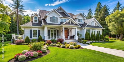 A beautifully landscaped suburban home with a bright white exterior and impeccable lawn, surrounded by lush greenery, with a sense of tranquility and pride. photo