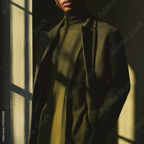 woman in green turtleneck and coat with shadows photo