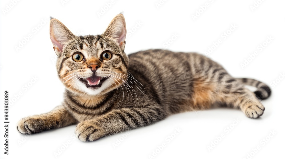 Fototapeta premium Playful cat with twitching whiskers, a wide smile, and sparkling eyes, isolated on a pure white background, captured in studio light, showcasing its joyful expression.