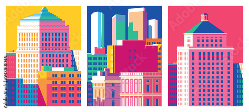Set of 3 cityscape overlooking famous  high-rise corporate buildings in the downtown. Handmade drawing vector illustration. 1970s pop art bright acid style.