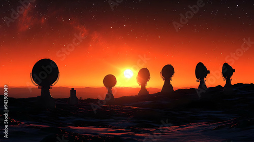 Five satellite dishes stand on a rocky landscape with a red sky and setting sun. photo