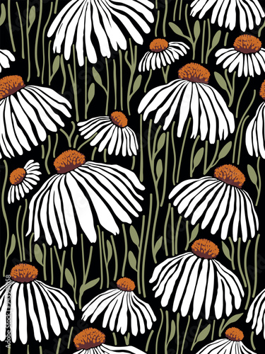 Hand drawn seamless pattern with beautiful flowers. Vector illustration, retro, art nouveau style. Can be used for embroidering flowers, wallpaper, etc.