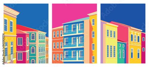 Set of 3 cityscape overlooking color classical baroque traditional buildings in the downtown. Handmade drawing vector illustration. 1970s pop art bright acid style.