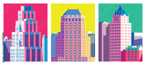 Set of 3 cityscape overlooking famous  high-rise corporate buildings in the downtown. Handmade drawing vector illustration. 1970s pop art bright acid style.