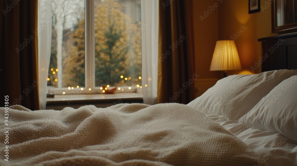 A softly lit bedroom features a bed adorned with fluffy pillows and a white plush blanket, all enhanced by warm yellow fairy lights on the wall, creating a welcoming atmosphere A softly lit bedroom features a bed adorned with fluffy pillows and a white plush blanket, all enhanced by warm yellow fairy lights on the wall, creating a welcoming atmosphere