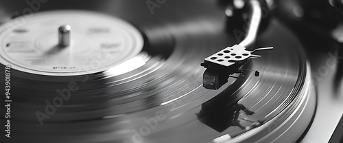 Close-up of a vinyl record spinning on a turntable with the needle playing the groove. photo