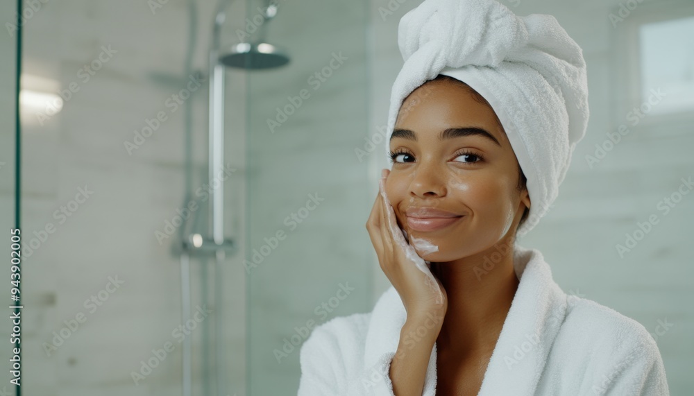 Charming Black Woman's Morning Skincare Ritual: Towel-Drying Face in Light Bathroom. Elegant Self-Care Routine Showcasing Beauty, Culture, and Inclusivity. Perfect for Cosmetic Marketing and Wellness Charming Black Woman's Morning Skincare Ritual: Towel-Drying Face in Light Bathroom. Elegant Self-Care Routine Showcasing Beauty, Culture, and Inclusivity. Perfect for Cosmetic Marketing and Wellness
