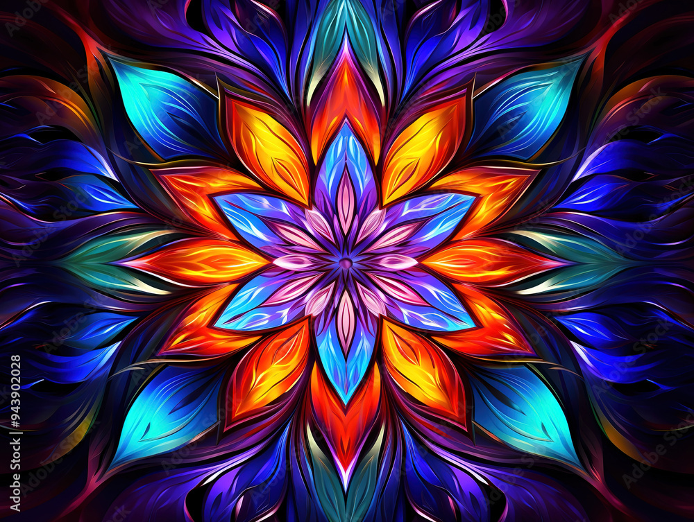 Colorful design with a yellow center and a flower design, visual futuristic symmetry ornate design Colorful design with a yellow center and a flower design, visual futuristic symmetry ornate design