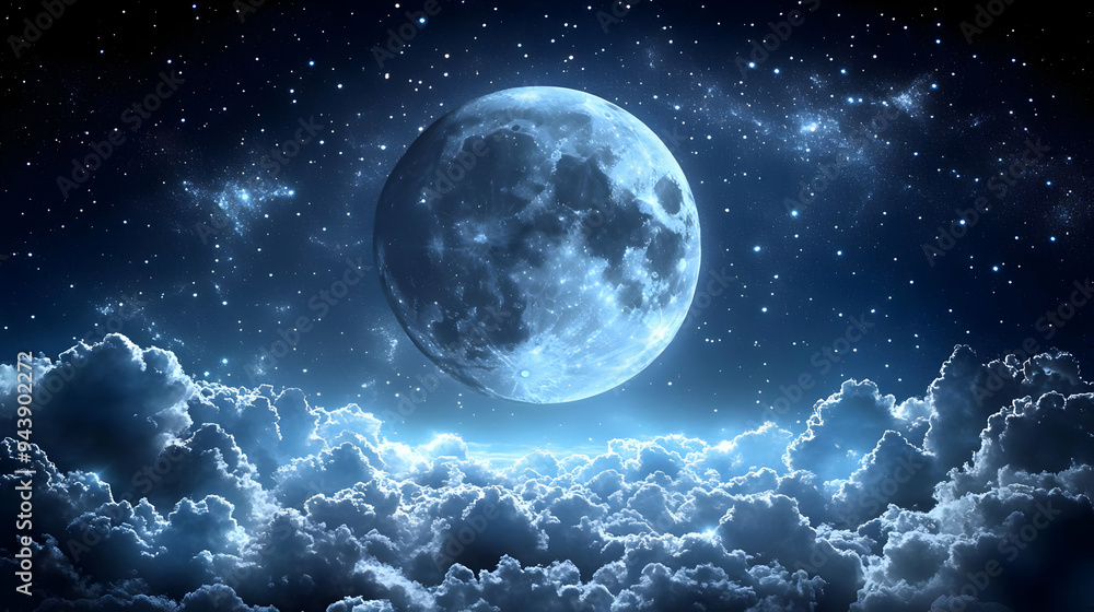 Full moon shining above a sea of clouds with a starry night sky. Full moon shining above a sea of clouds with a starry night sky.