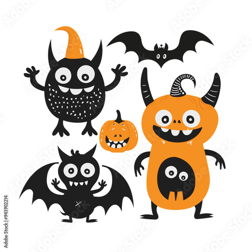 Group of Halloween monsters with a pumpkin and a bat. The monsters are smiling and have their mouths open